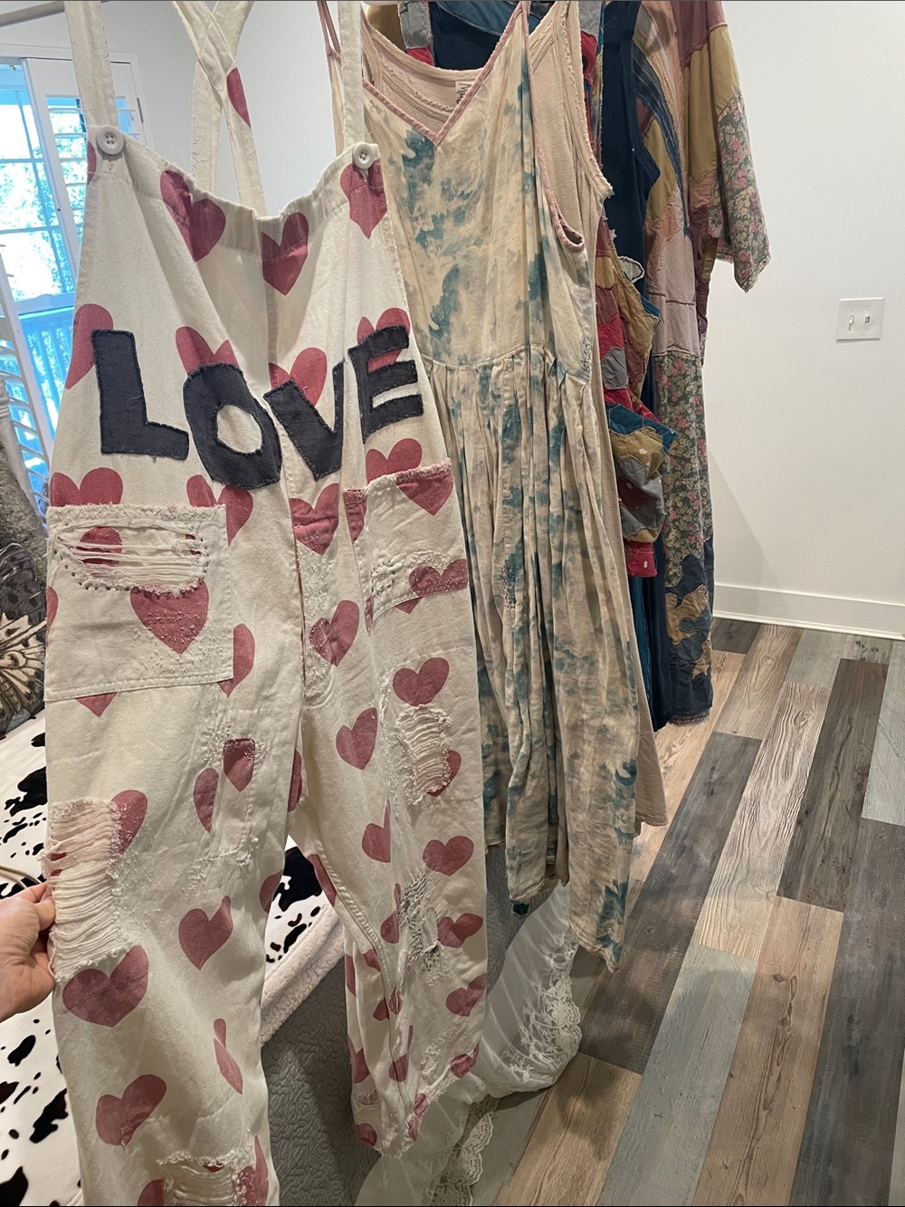 Magnolia Pearl White Canvas 'LOVE' Heart Print Overalls with Pink Hearts